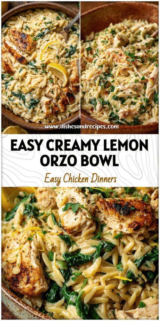 Creamy lemon orzo with rotisserie chicken, spinach, and herbs served in a rustic bowl.